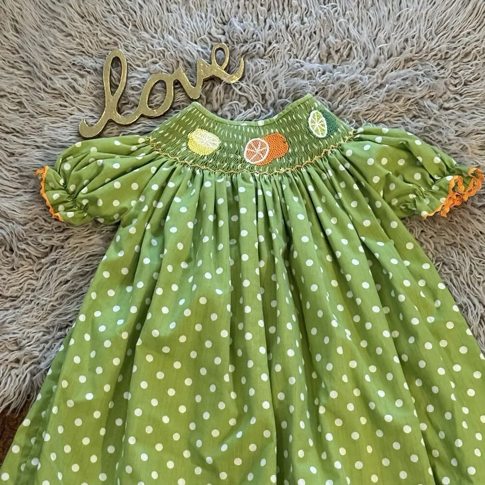 Ginger Hares Smocked Dress Girls Green White Polkadot Citrus Fruits Size 5